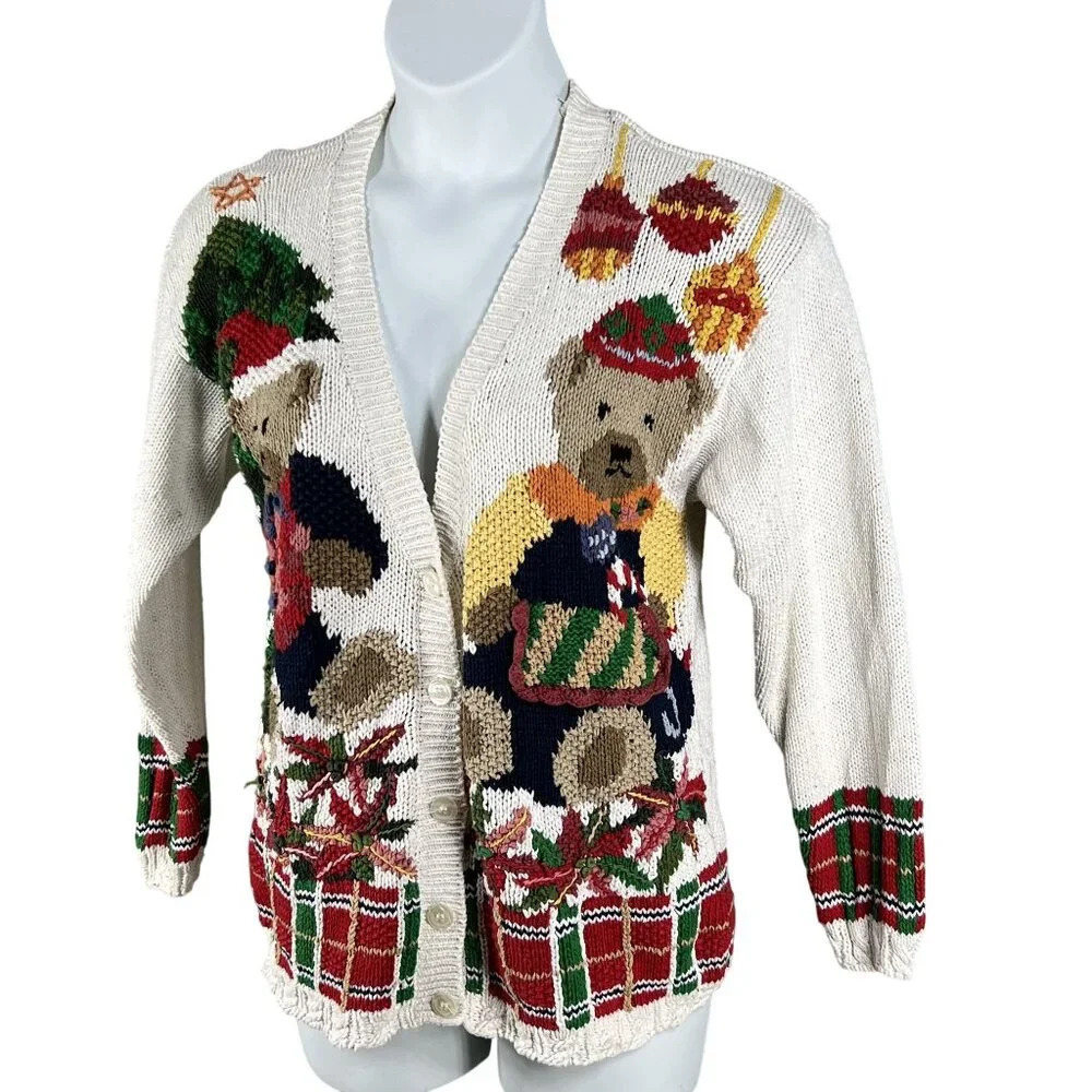 Vintage Crystal-Kobe  Womens M Cardigan Sweater Multi Color Bear Motif - Picture 4 of 15